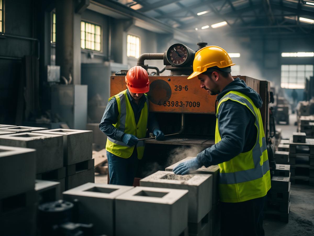 Machine-moulding concrete products at the factory