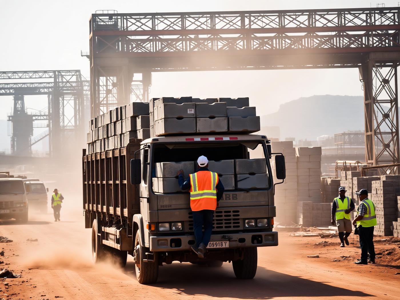 Truck loaded with concrete blocks leaving for a site