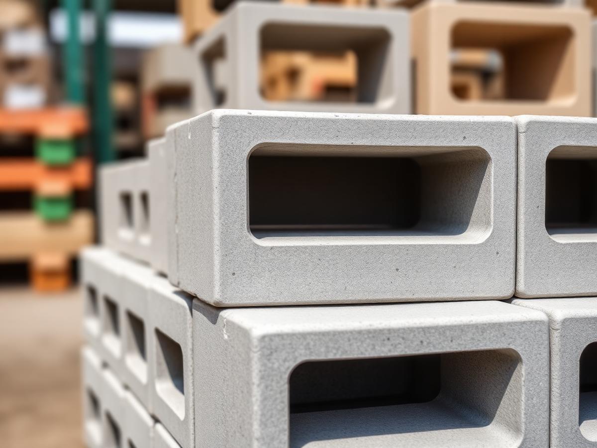 Stacks of 5-inch concrete blocks in the yard